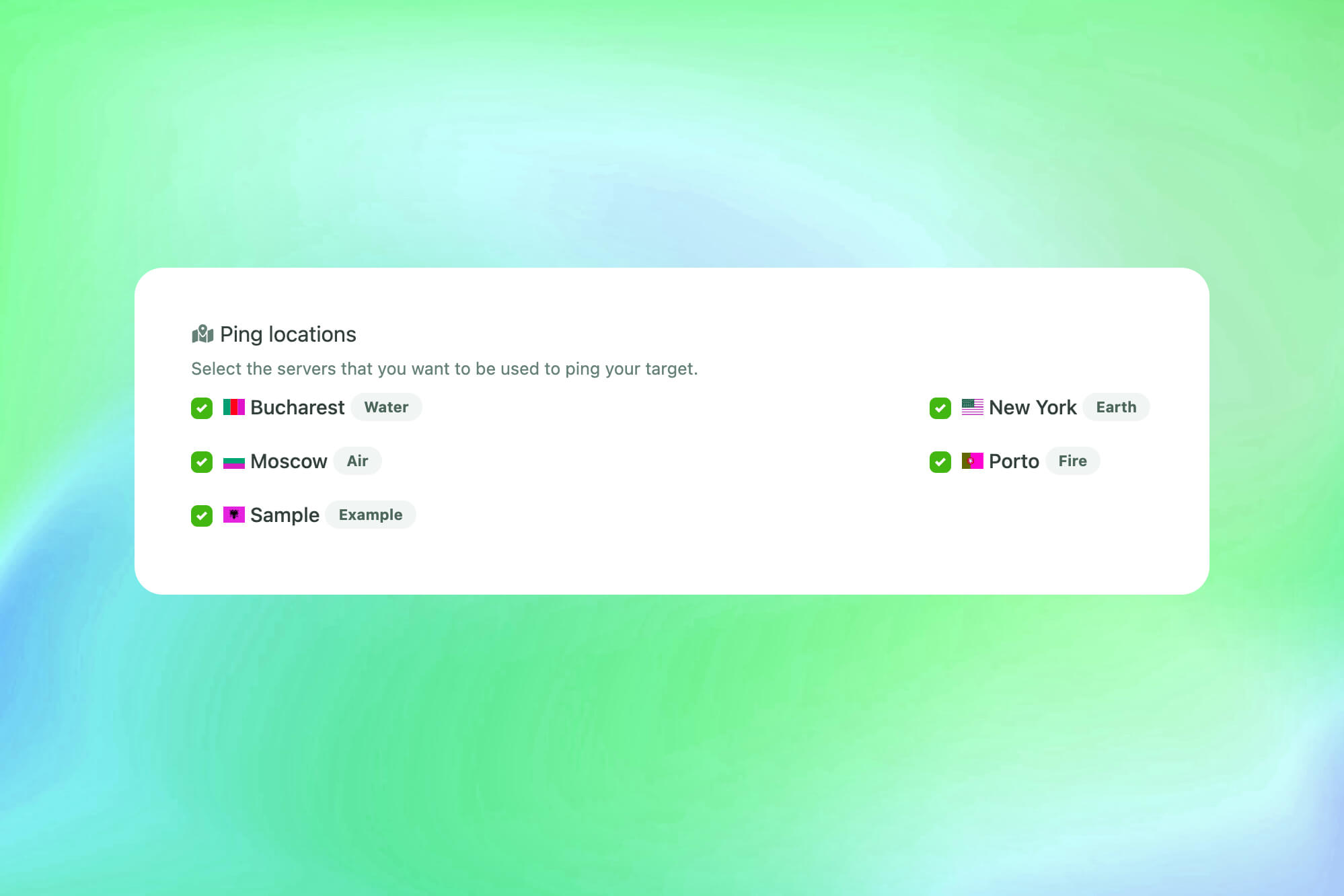 Capture d’écran de la fonctionnalité des serveurs de ping de l’application
