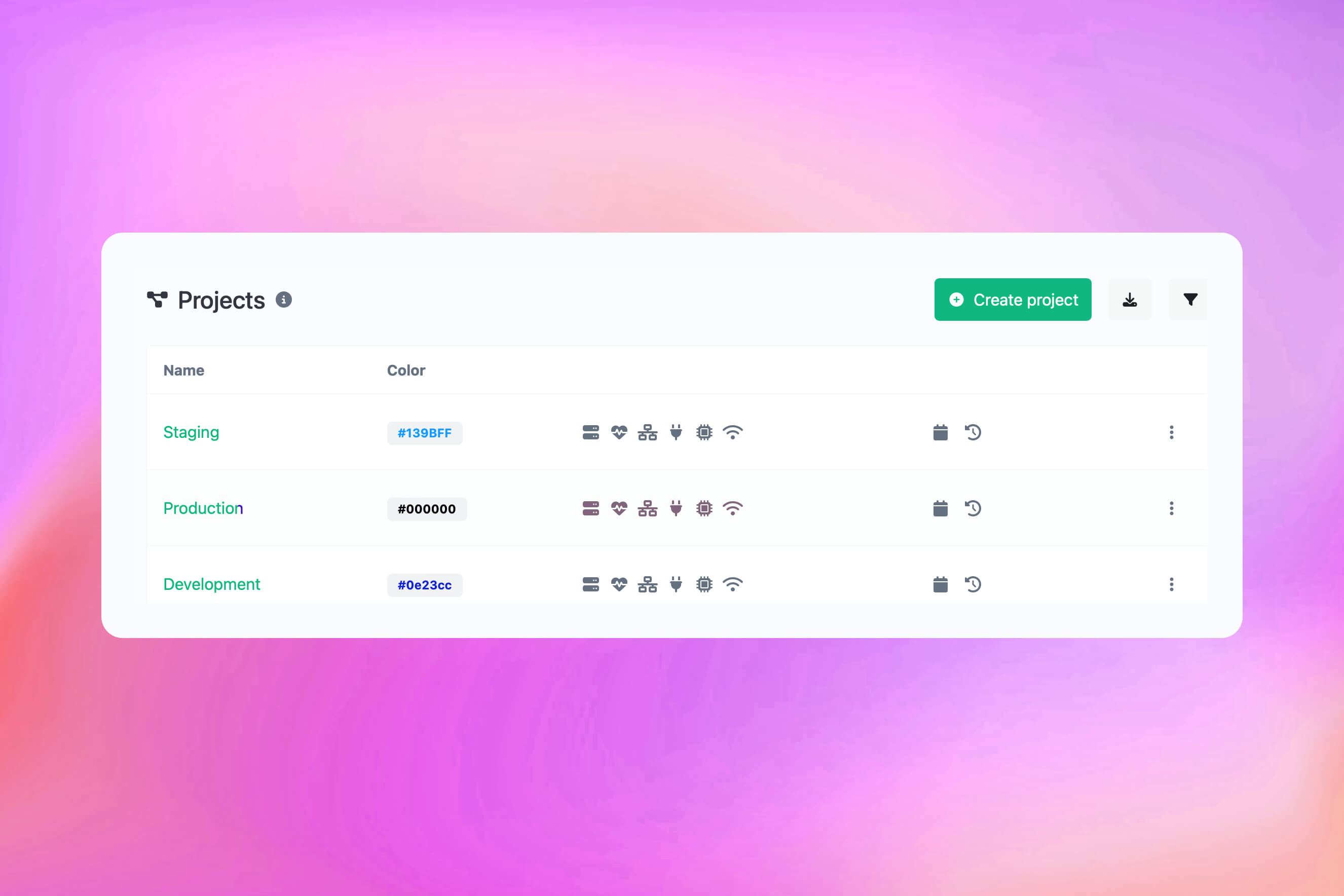Capture d’écran de la page de gestion des projets de l’application